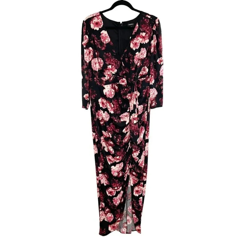Torrid Black Floral Long Sleeve Ruched Mermaid Dress with High Slit Size 12 NEW